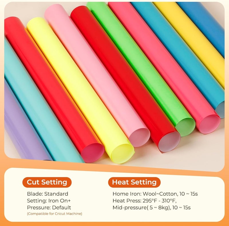 HTVRONT Bright Heat Transfer Vinyl,25 Pack 12"x10" Iron-On Vinyl for T-Shirts,24 Assorted Multi-Color HTV Vinyl for All Cutting Machine,Easy to Cut & Transfer - Image 4